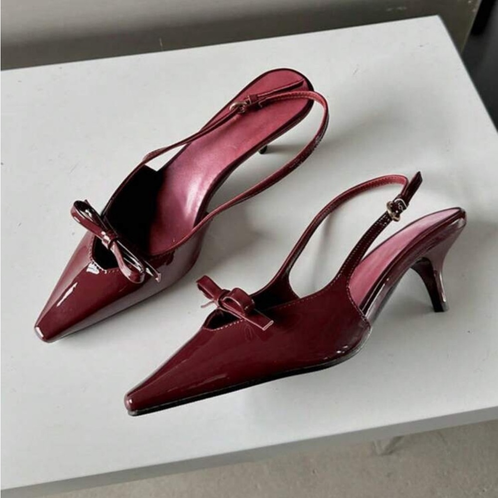 Burgundy dark red patent bow detail slingback heels - Picture 4 of 4